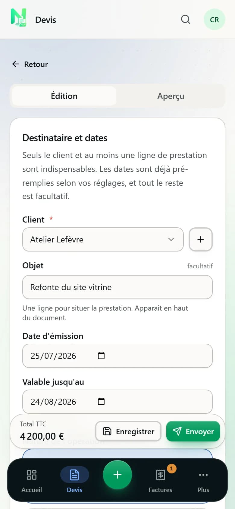 L'éditeur de devis : client, objet, dates et total calculé