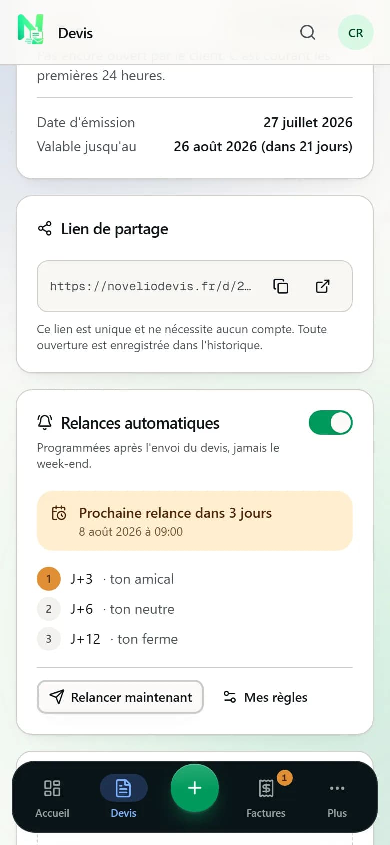 Les relances automatiques d'un devis, avec la prochaine programmée
