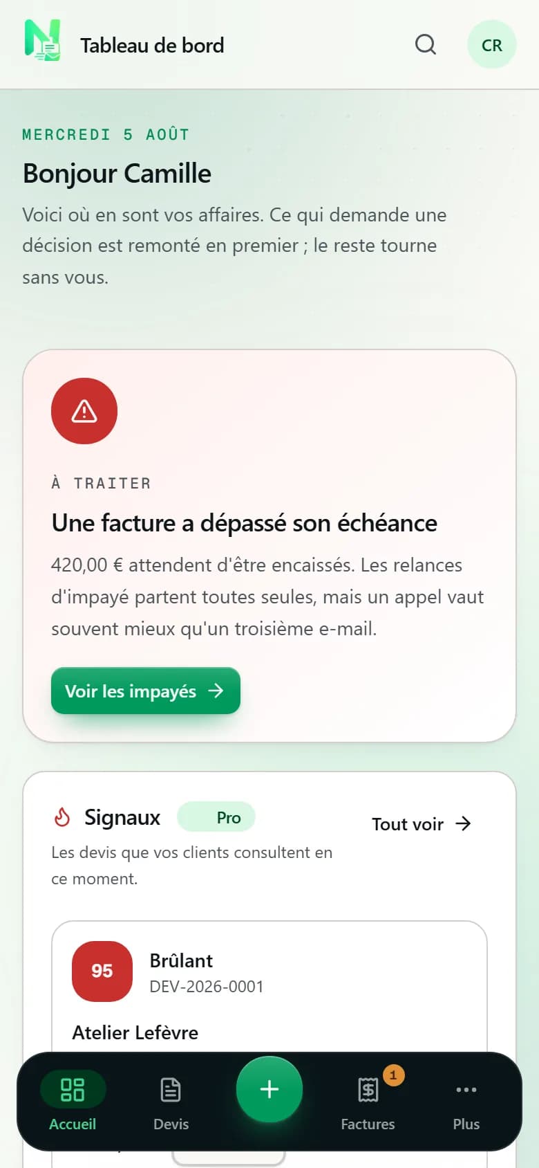 Le tableau de bord de Novelio Devis sur téléphone